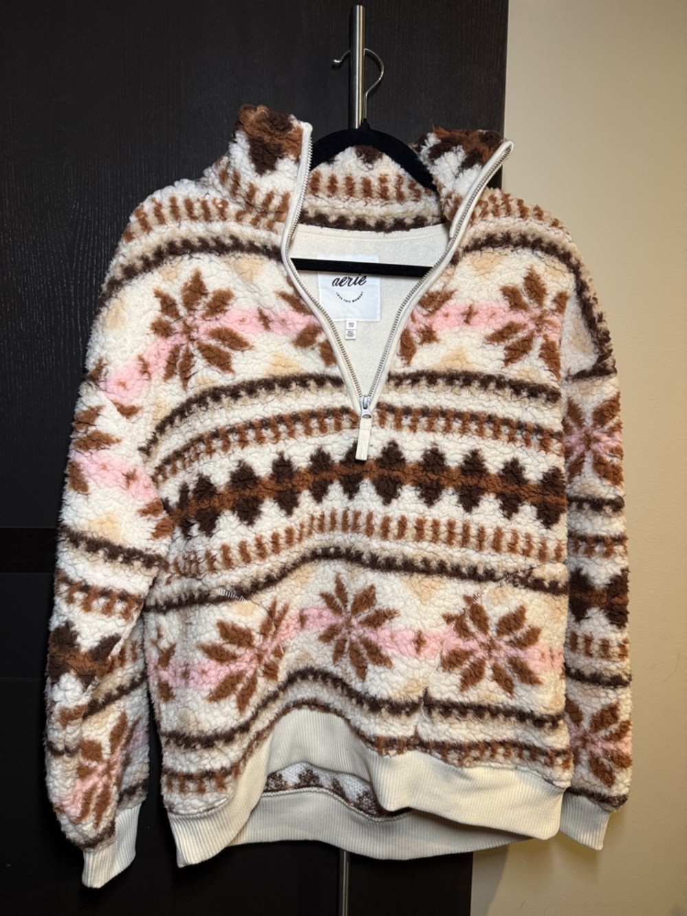 aerie Cream, Brown & Pink Sherpa Half-Zip Turtleneck Pullover